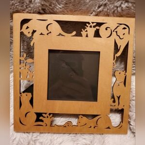 Vintage Novelty Carved Wood Intricate Cats Picture Frame 7" x 7"